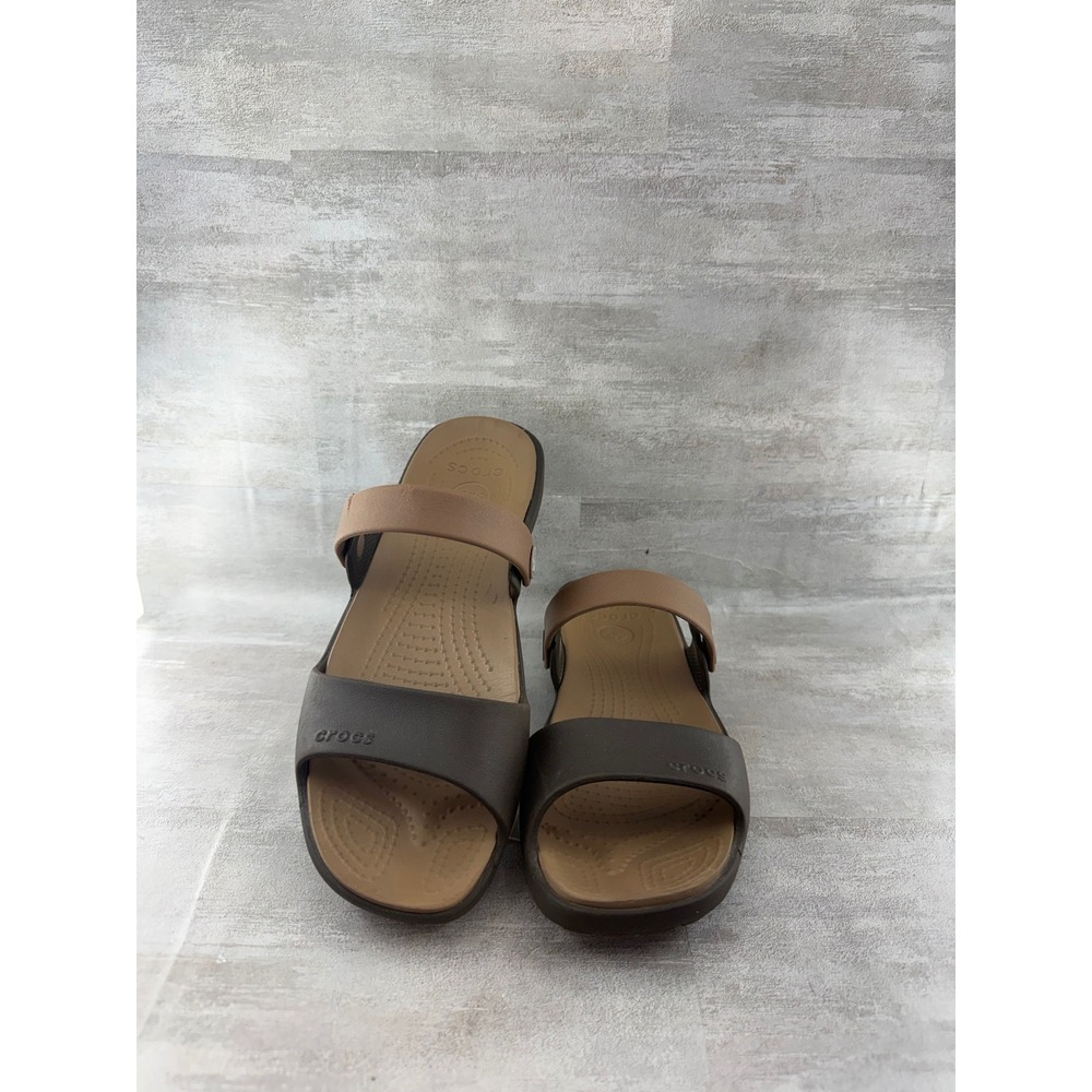 Crocs Cleo II Women Sz 8 Espresso Mushroom Brown Tan Double Strap Slide Sandals